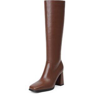 Women's Brown Modatope Knee High Chunky Heel Square Toe Side Zipper Long boots